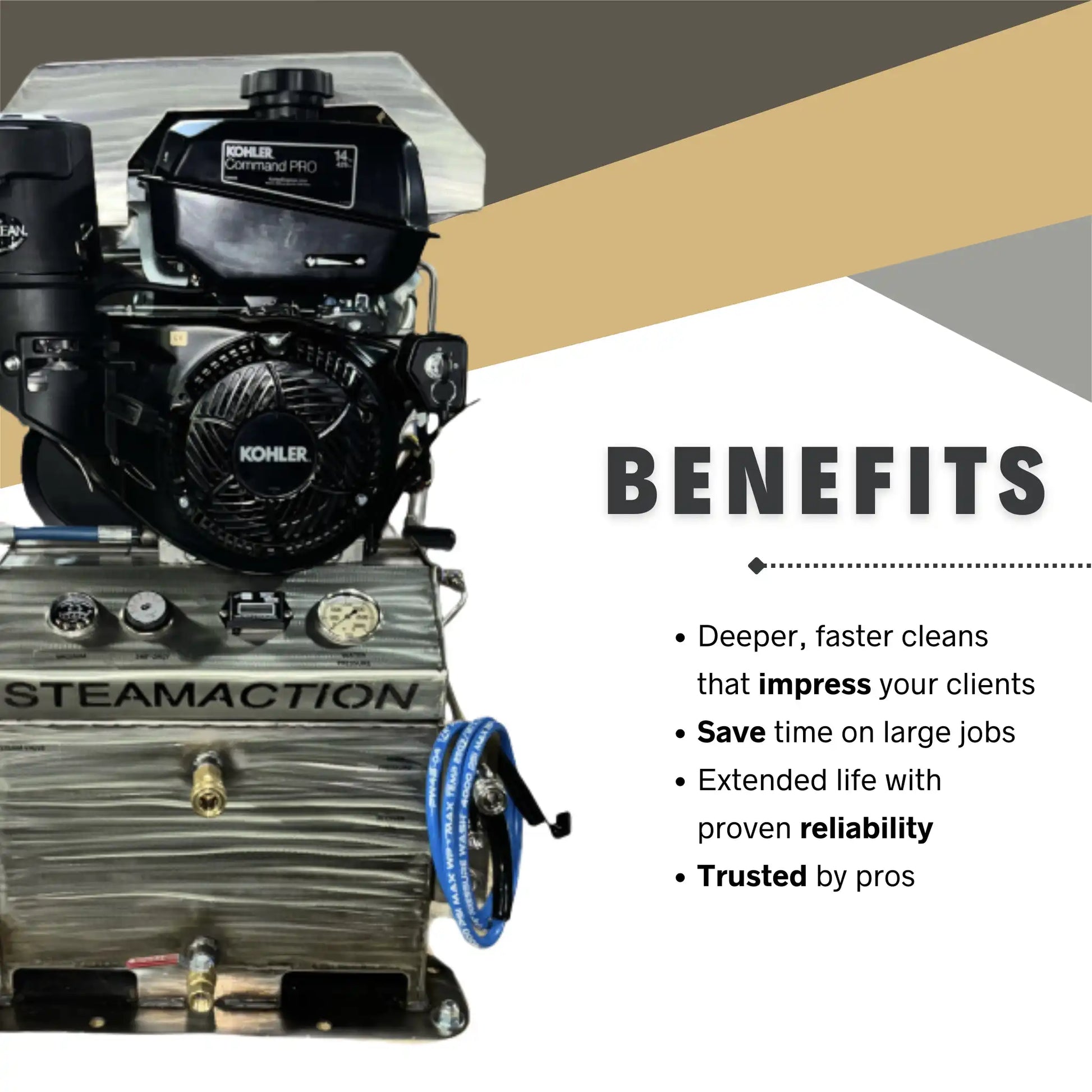 Steamaction Nike 3030 truckmount with Kohler Command PRO engine shown in benefit highlight graphic, emphasizing speed, reliability, and professional-grade cleaning power.