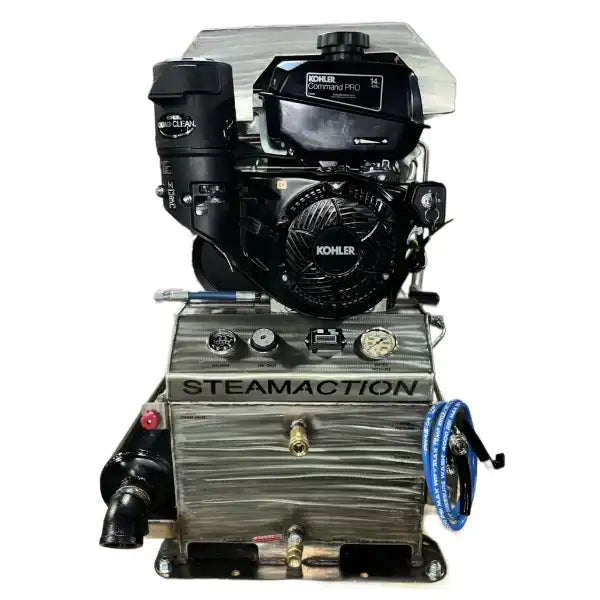 Front view of Steamaction Nike 3030 truckmount featuring Kohler Command PRO engine, stainless control panel, and labeled Steamaction branding.
