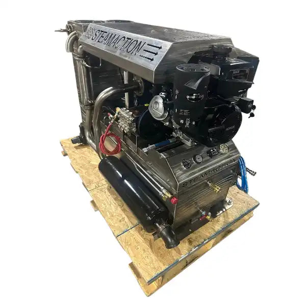 Side view of the Steamaction Nike 3030 truckmount system on a shipping pallet, showcasing durable stainless steel construction, Kohler engine, and high-performance components for professional carpet and restoration cleaning.