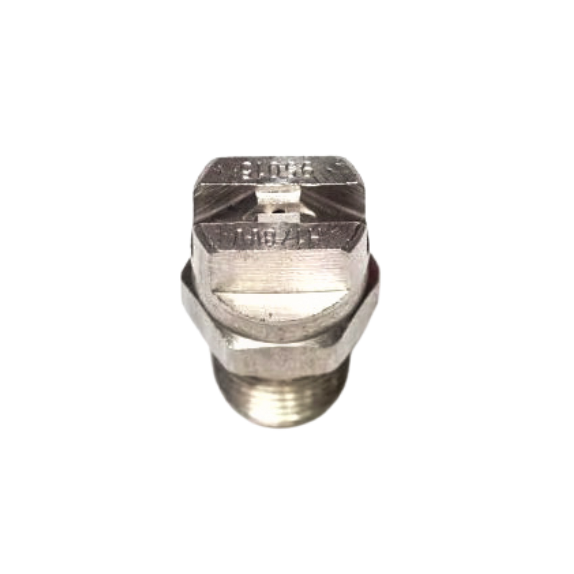 top 45 degree angle showing full nozzle geometry and engraved specs
