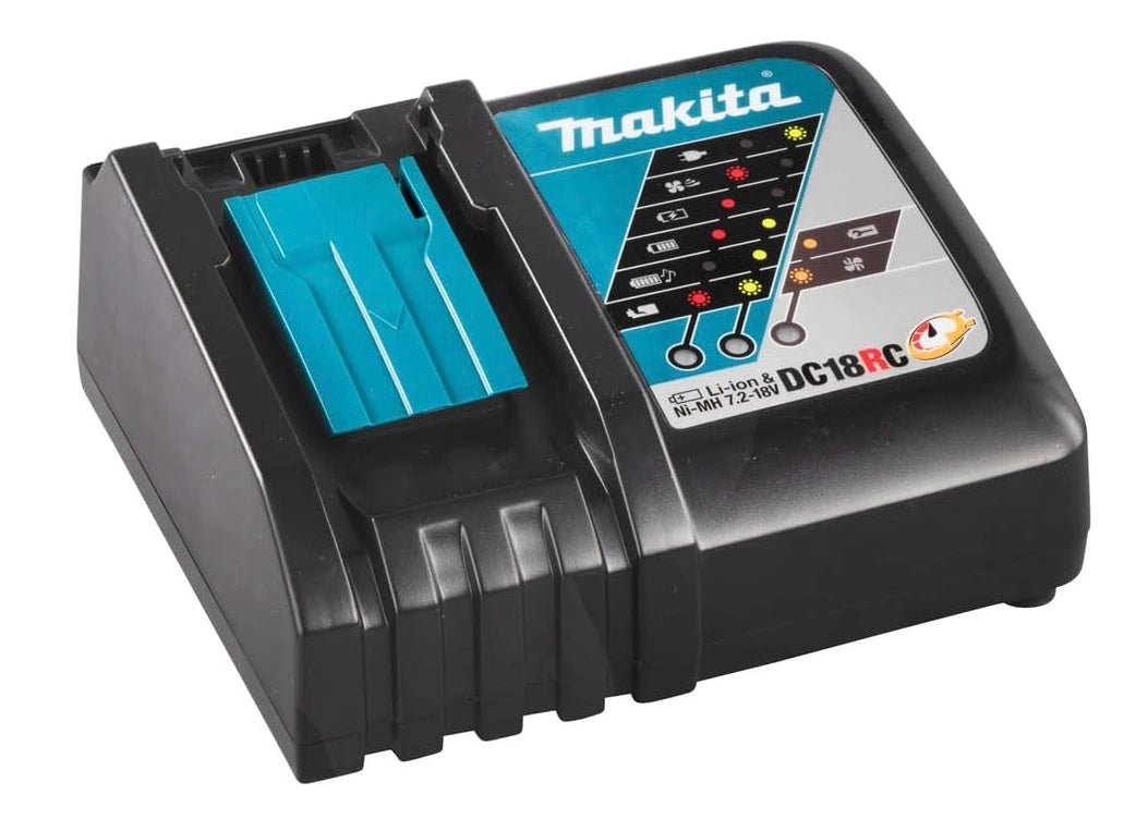 top angled view of makita lxt automotive charger showing port and housing
