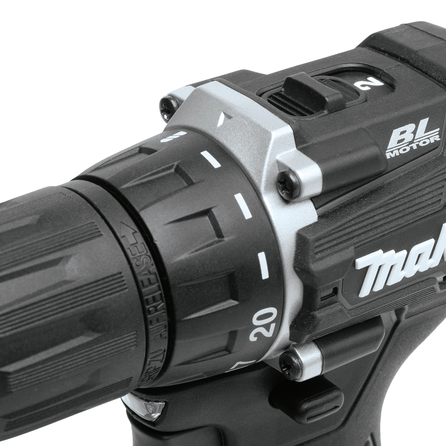 top close up of makita sub compact drill showing chuck and housing
