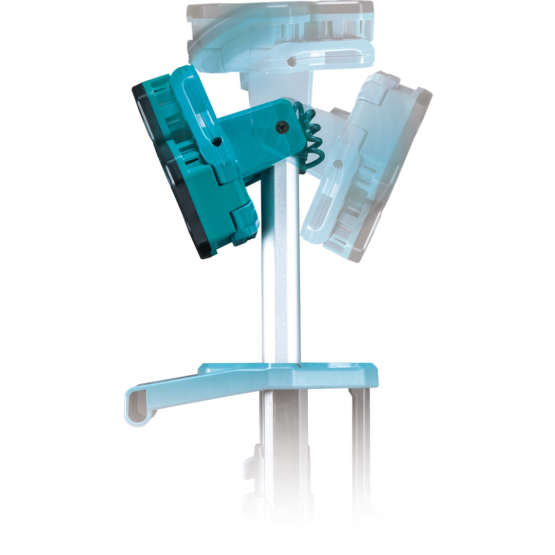 top view of makita tower work light showcasing three led heads and power switch
