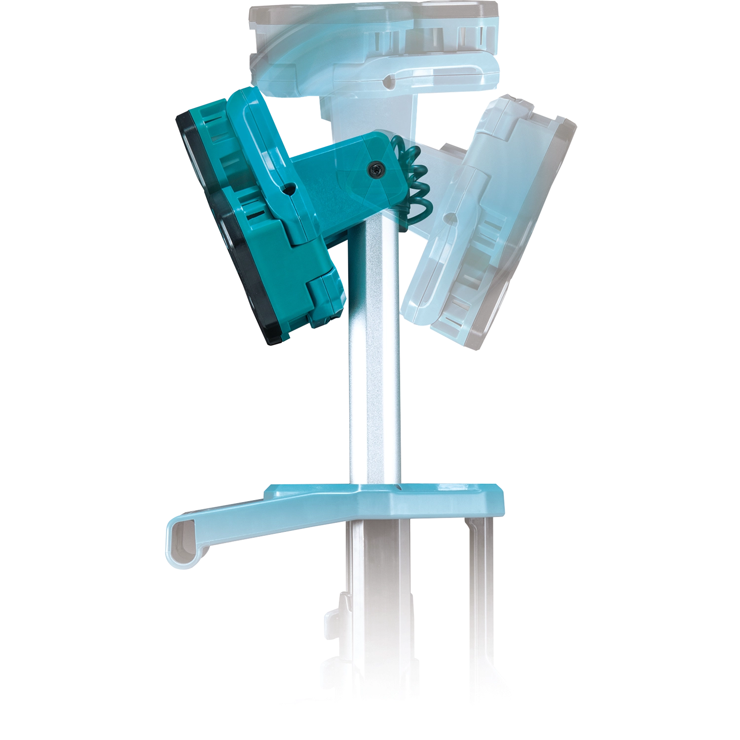 top view of makita tower work light showcasing three led heads and power switch
