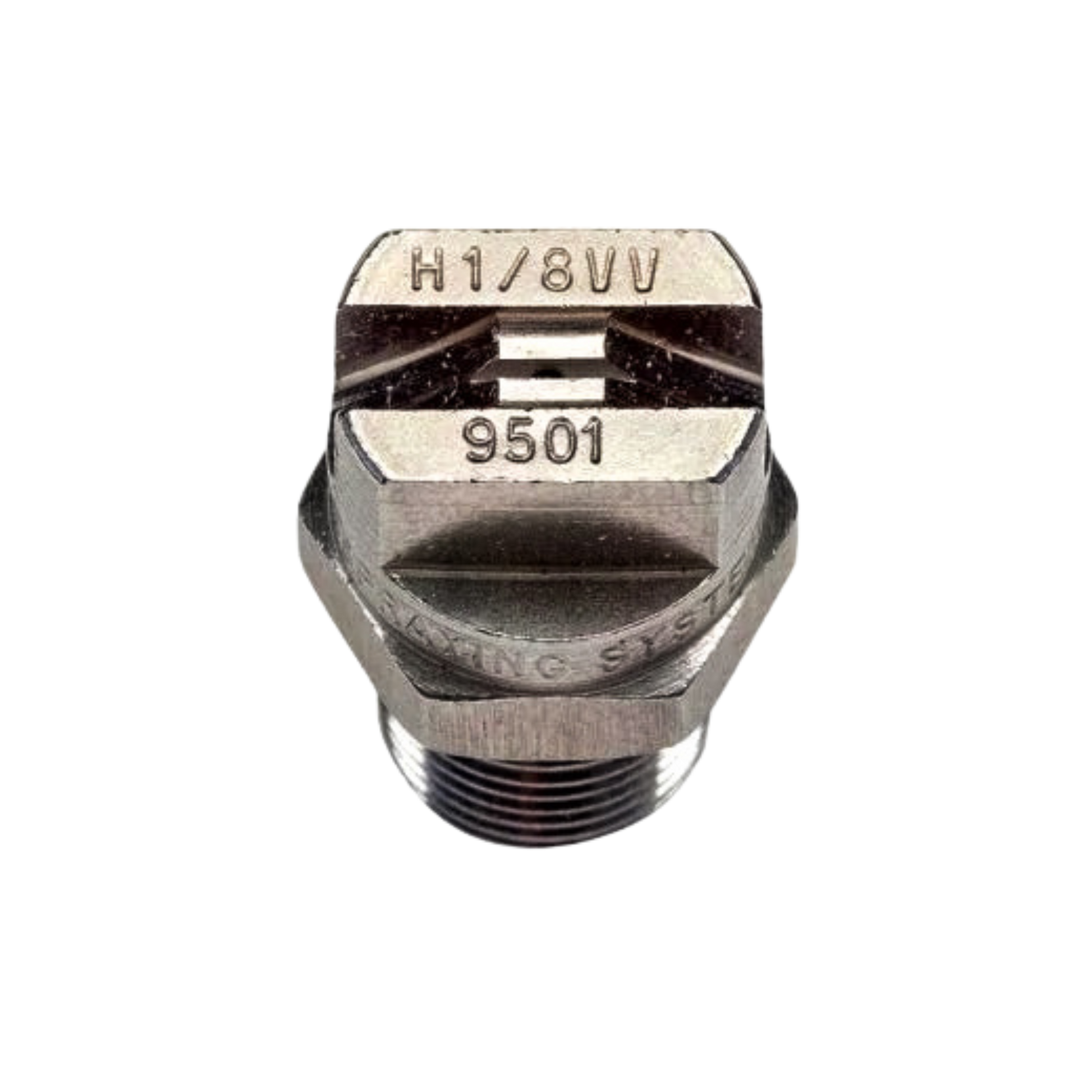 top view of stainless steel vee jet nozzle showing engraved specifications
