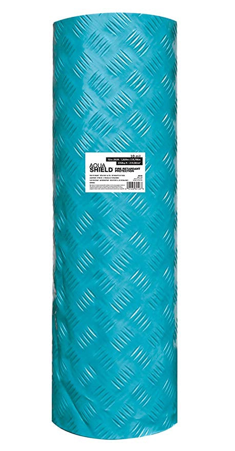 Front view of Trimaco AquaShield surface protection roll with blue film and labeled packaging
