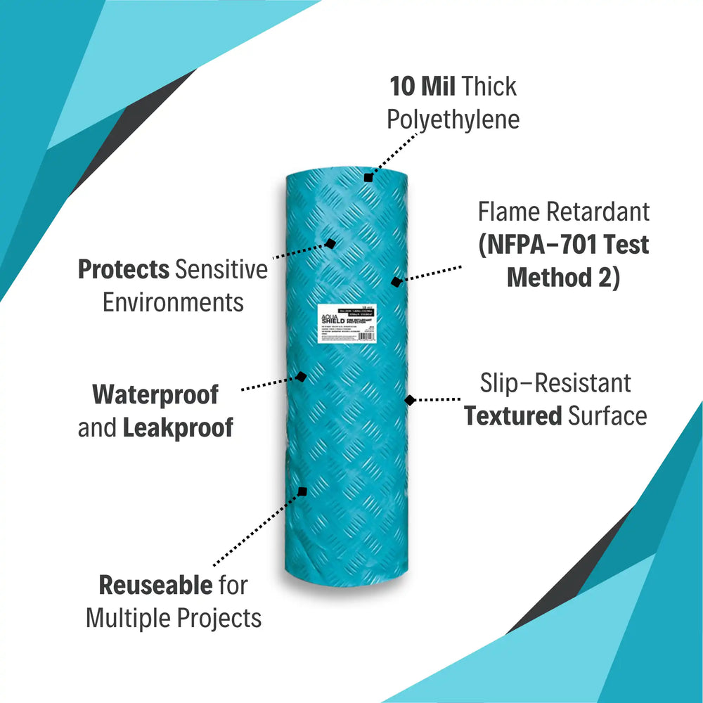 Trimaco AquaShield 10 mil surface protector with callouts for waterproofing, flame resistance, and slip-resistant texture
