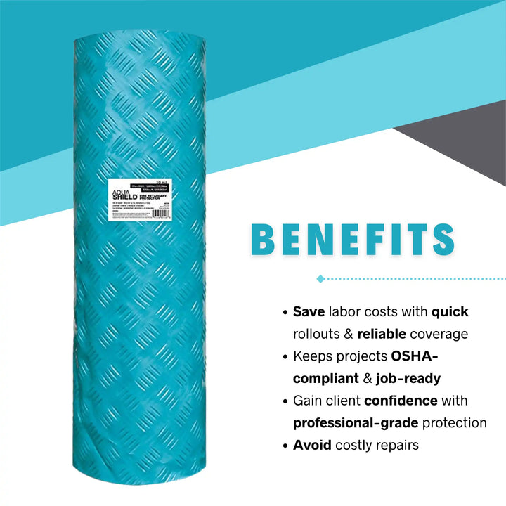 Infographic showing AquaShield surface protection benefits including reusability, moisture defense, and jobsite safety
