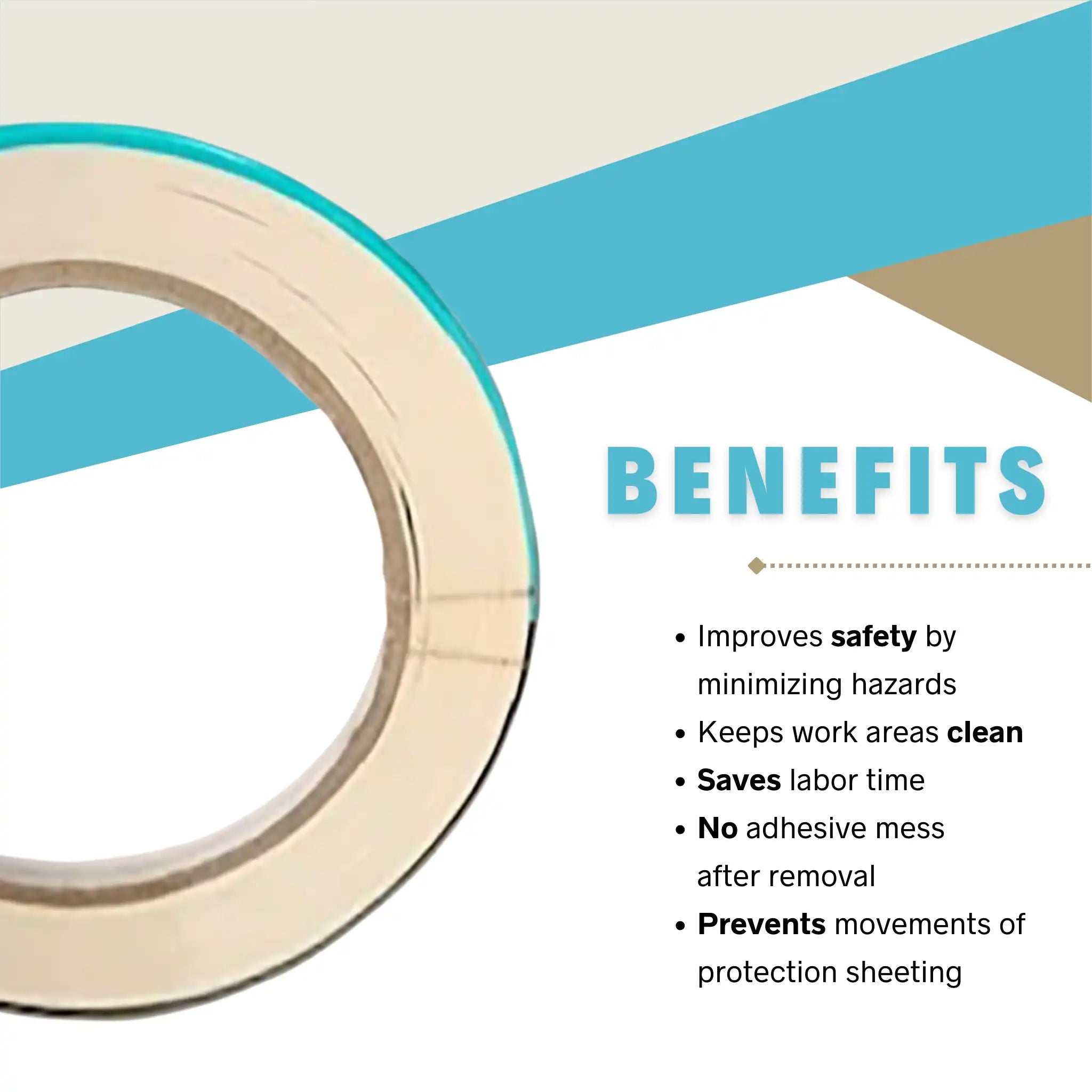 Benefits graphic highlighting Trimaco tape’s secure hold, easy removal, and dust containment capabilities
