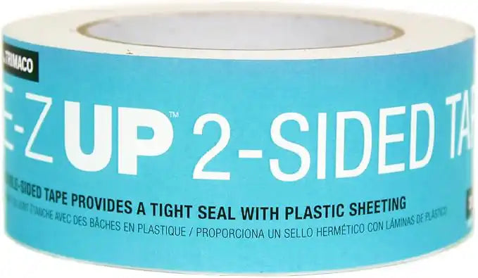 Front view of Trimaco E-Z UP 2" x 60' double-sided tape roll with product packaging
