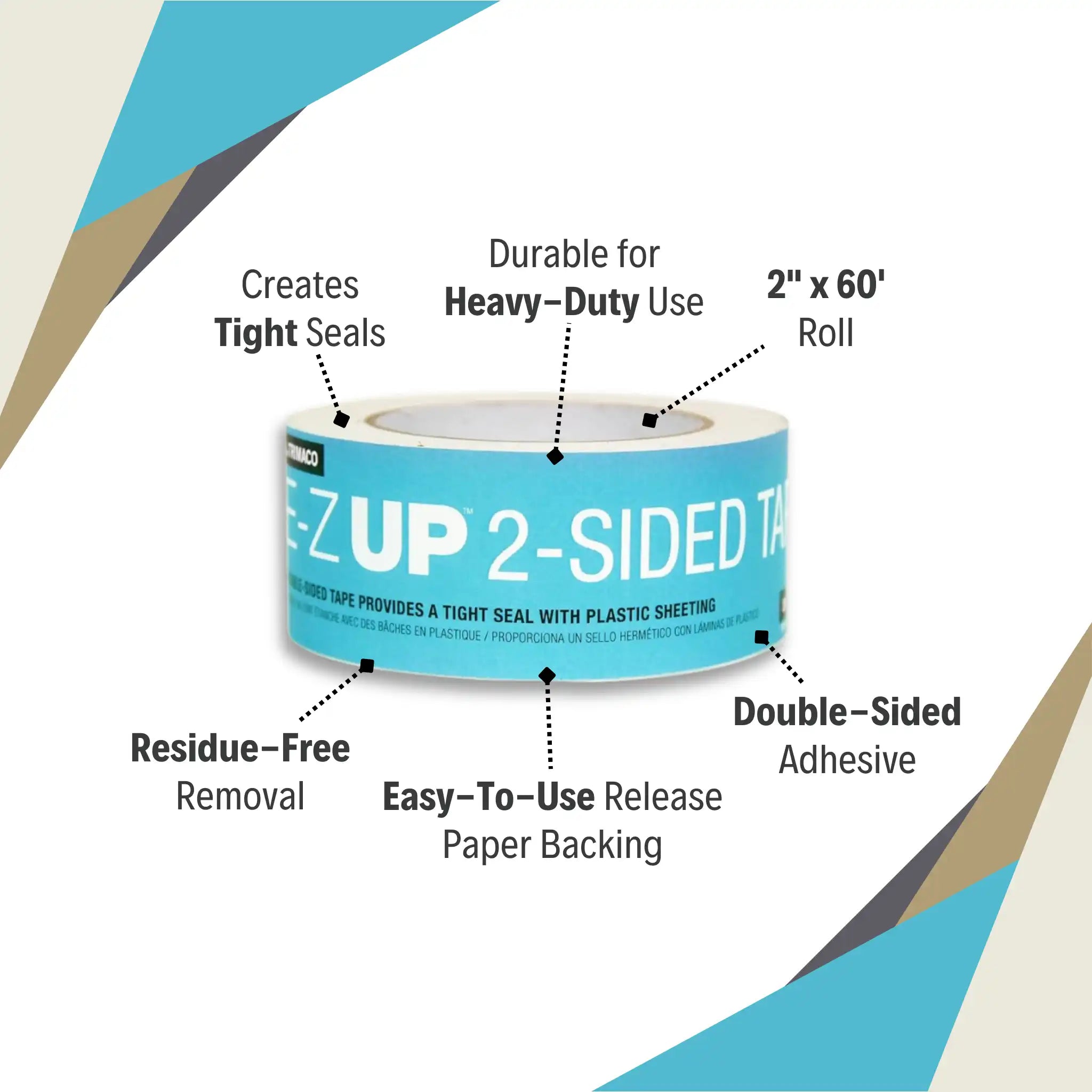 Trimaco double-sided tape with labeled features including 2" width, high-tack adhesive, and clean removal

