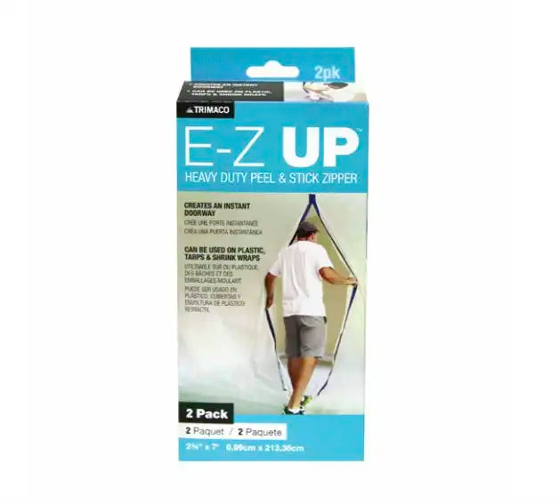 Trimaco E-Z Up zipper 2-pack box with man exiting plastic containment barrier
