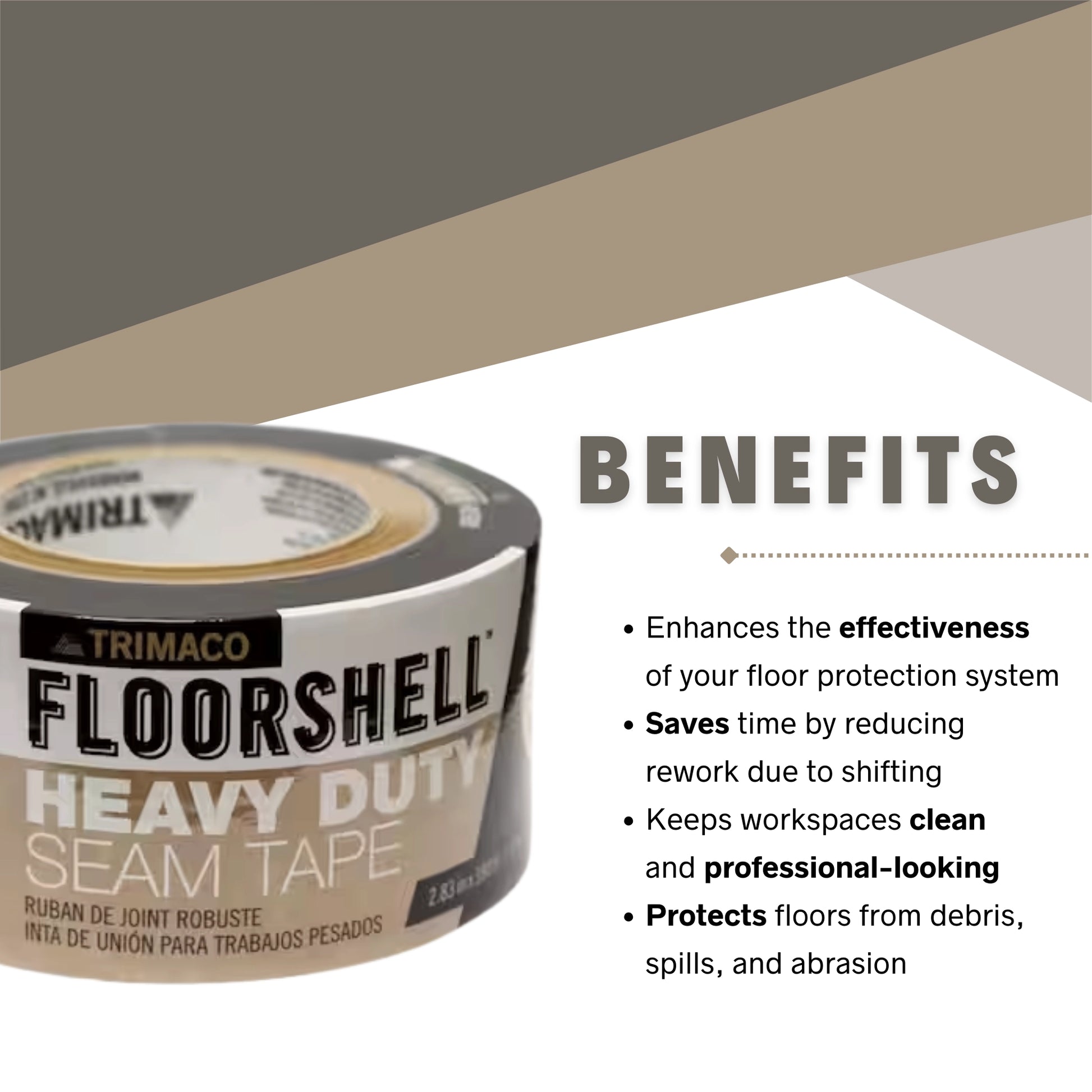Graphic highlighting benefits of Trimaco seam tape including secure seams, clean removal, and contractor-grade adhesion
