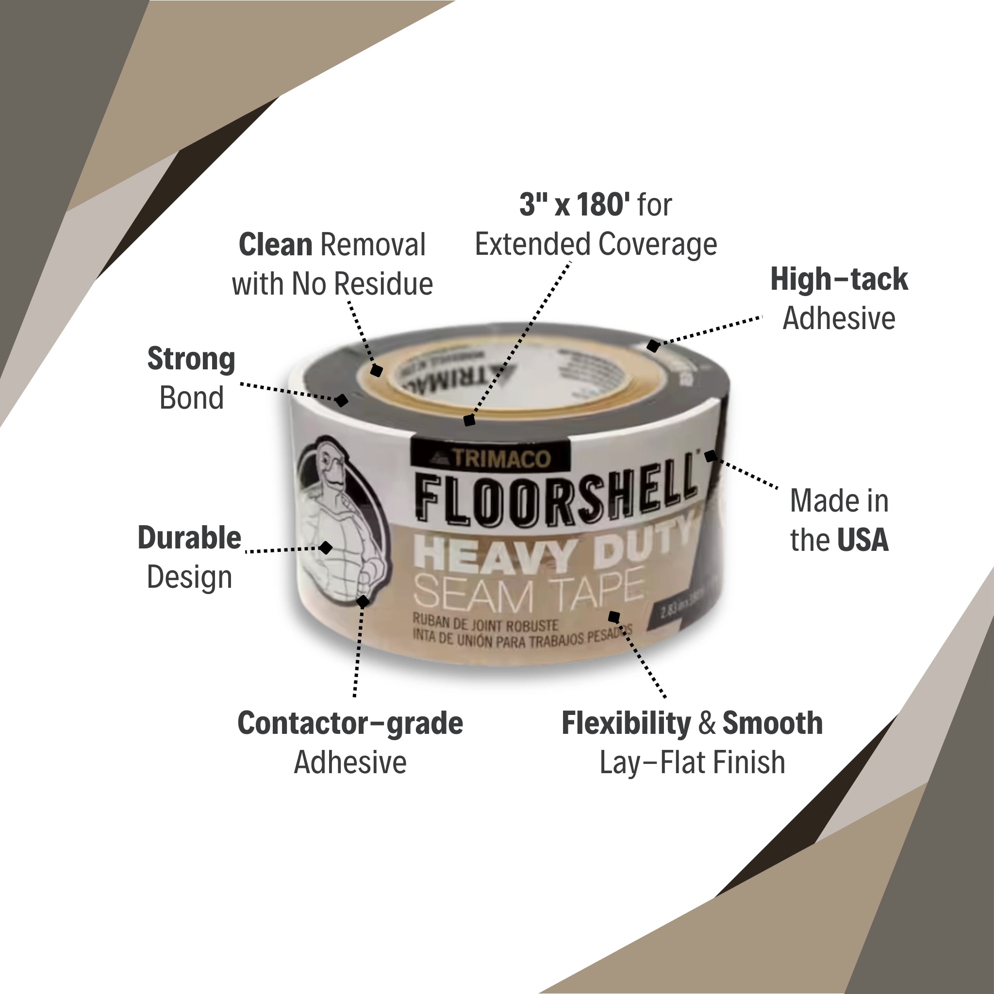 Trimaco Floor Shell seam tape with labeled features including kraft backing, high-tack adhesive, and 3-inch width
