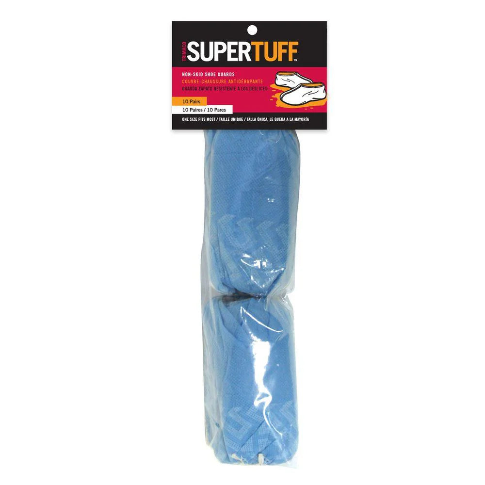 Retail packaging of Trimaco disposable blue shoe covers 100-pair box
