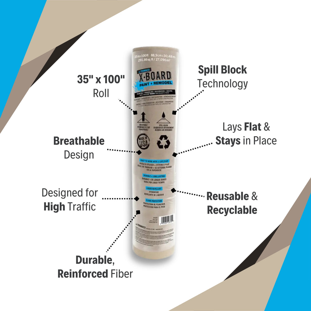 Trimaco X-Board surface protection with key product features highlighted
