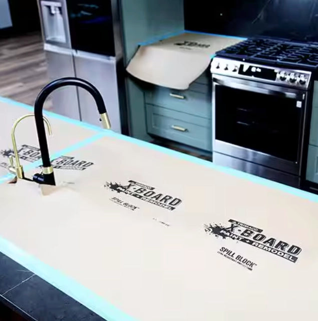 Trimaco X-Board floor protector placed on kitchen counter before use
