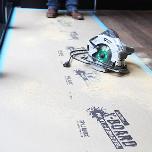 Trimaco X-Board shielding floors from tool damage on site
