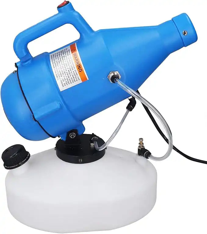 Left-side view of blue ULV fogger showing control valve and handle
