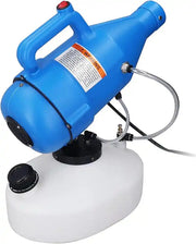 Side view of blue ULV fogger with attached tubing and white solution tank
