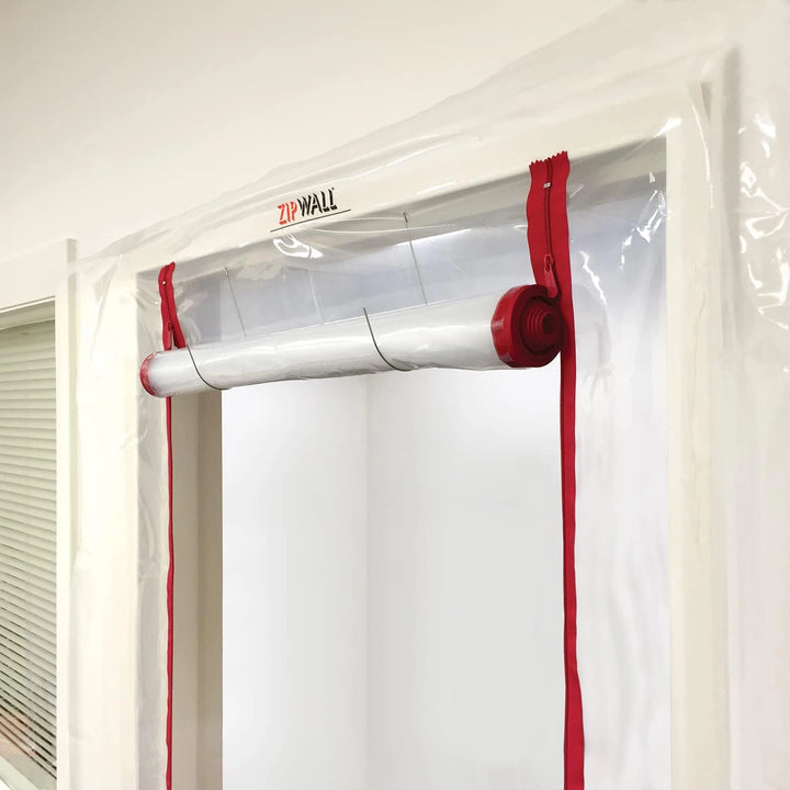 Up-close of ZipDoor ZDS zipper and adhesive panel applied to doorway
