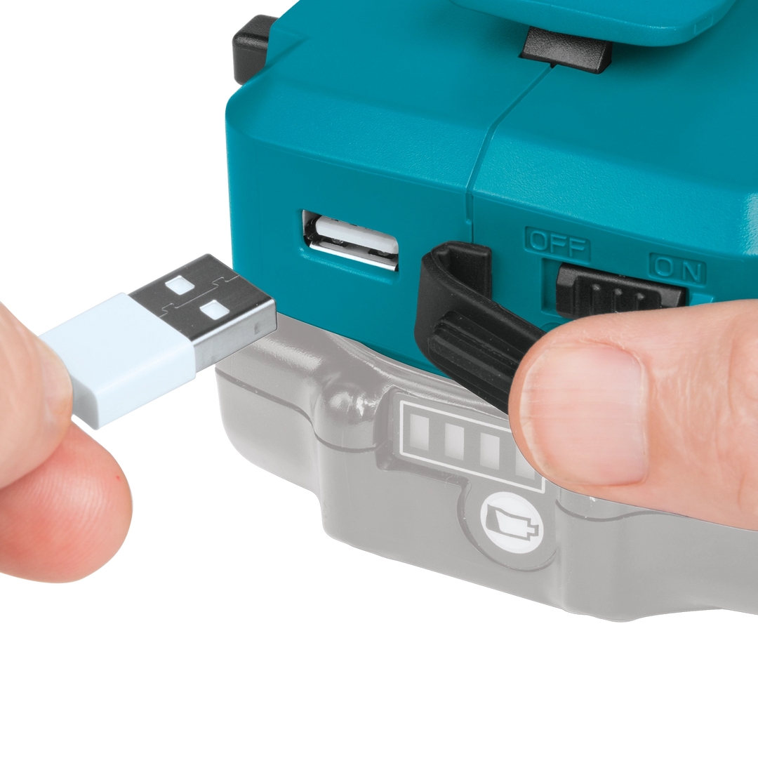 usb port on makita 18v lxt power source providing 2.1a output for device charging
