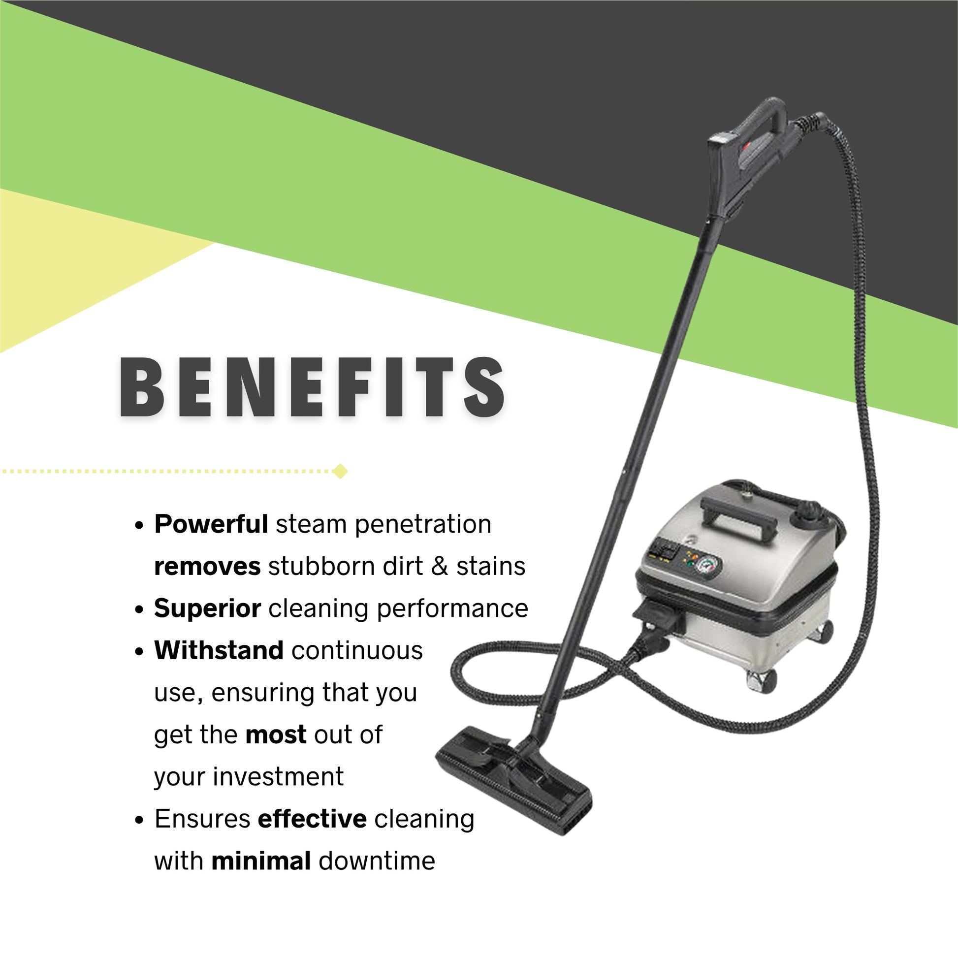 Vapor Clean Pro6 Solo benefits include deep sanitizing, eco-friendly steam cleaning, and fast heat-up time
