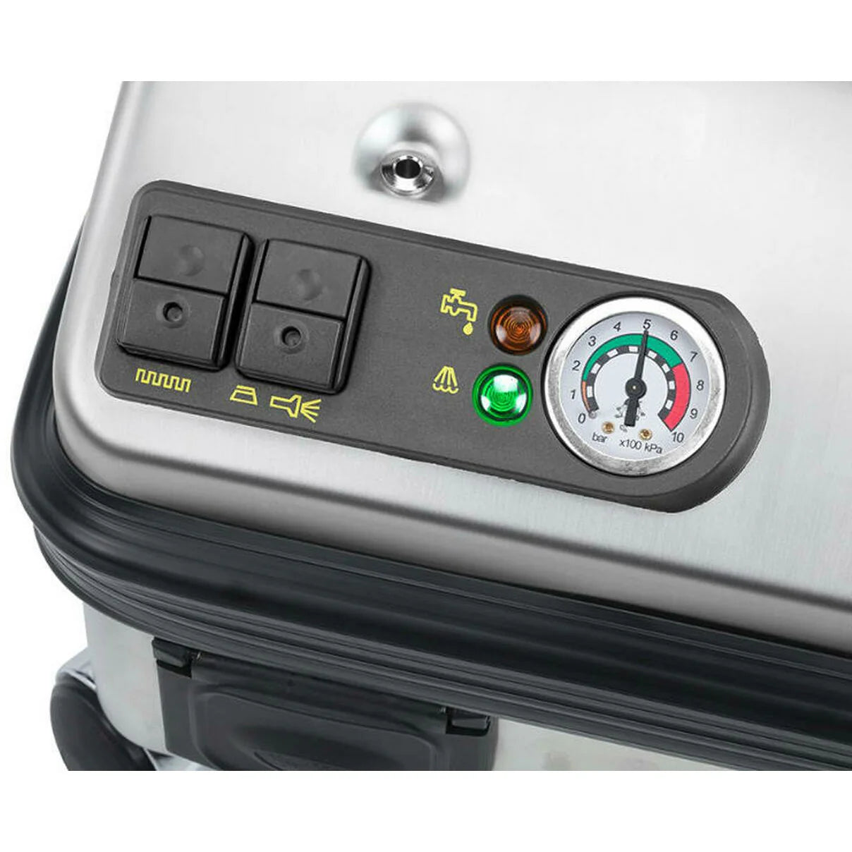 Close-up of Vapor Clean Pro6 Solo controls including temperature gauge and power switch
