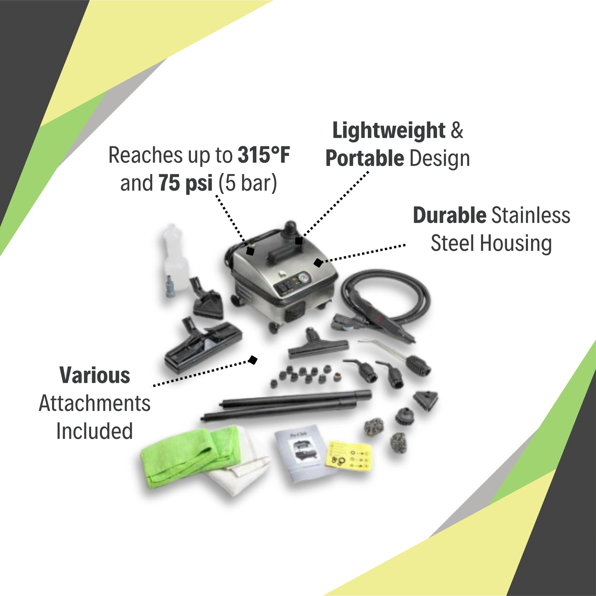 Vapor Clean Pro6 Solo features including stainless steel body, 315°F max temperature, and 75 psi steam pressure
