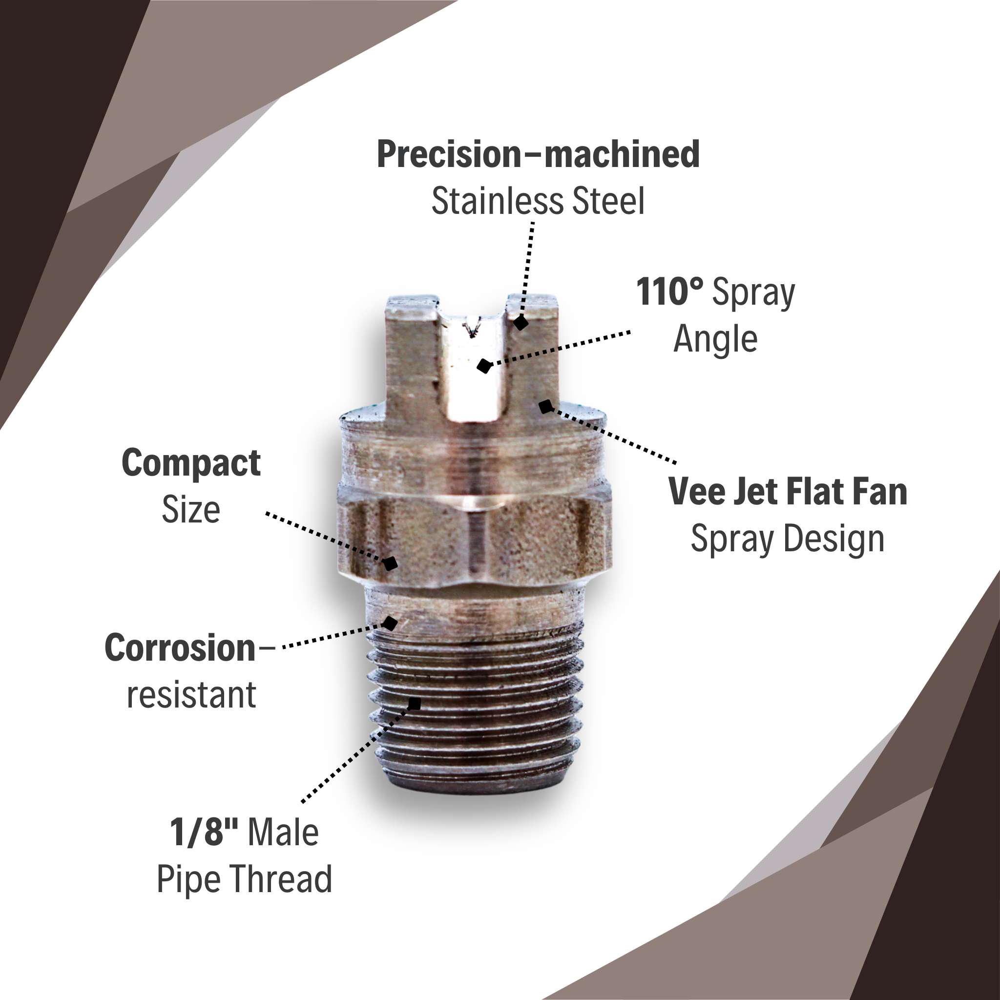 stainless steel vee jet nozzle with visible 1/8" male pipe thread, precision-machined spray orifice, flat fan head shape, and compact corrosion-resistant body

