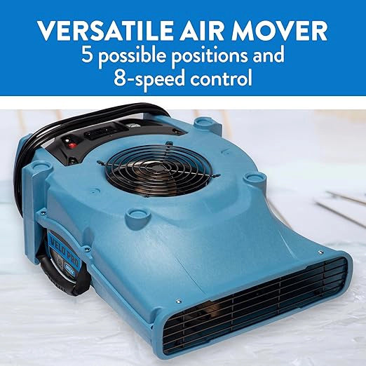 Velo Pro air mover with 5 tilt positions and 8-speed control labeled
