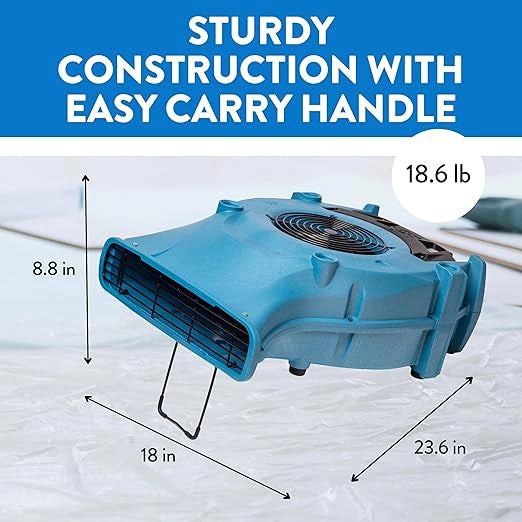 Velo Pro air mover dimensions shown: 23.6 in x 18 in x 8.8 in, 18.6 lb
