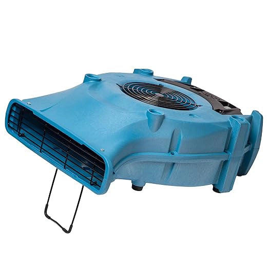 Blue Velo Pro air mover showing front air intake and stand leg extended
