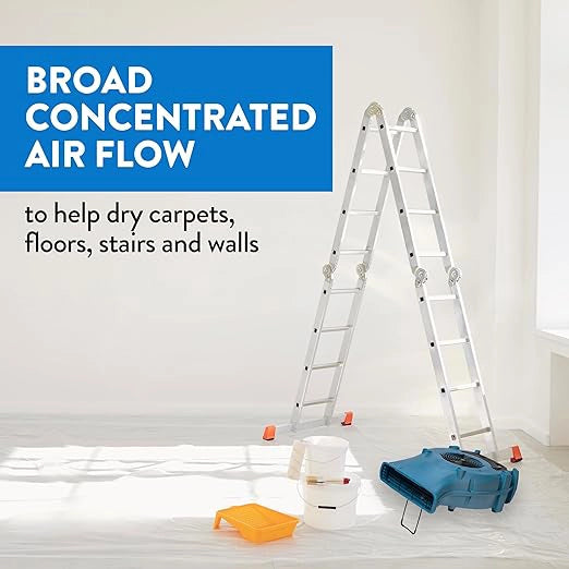 Velo Pro air mover on plastic-covered floor in white room with ladder and supplies

