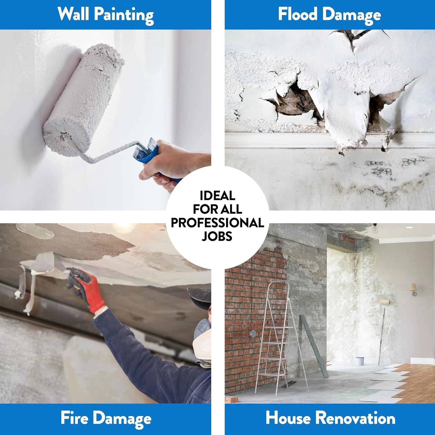 Four job site examples for air mover: wall painting, flood damage, fire damage, house renovation
