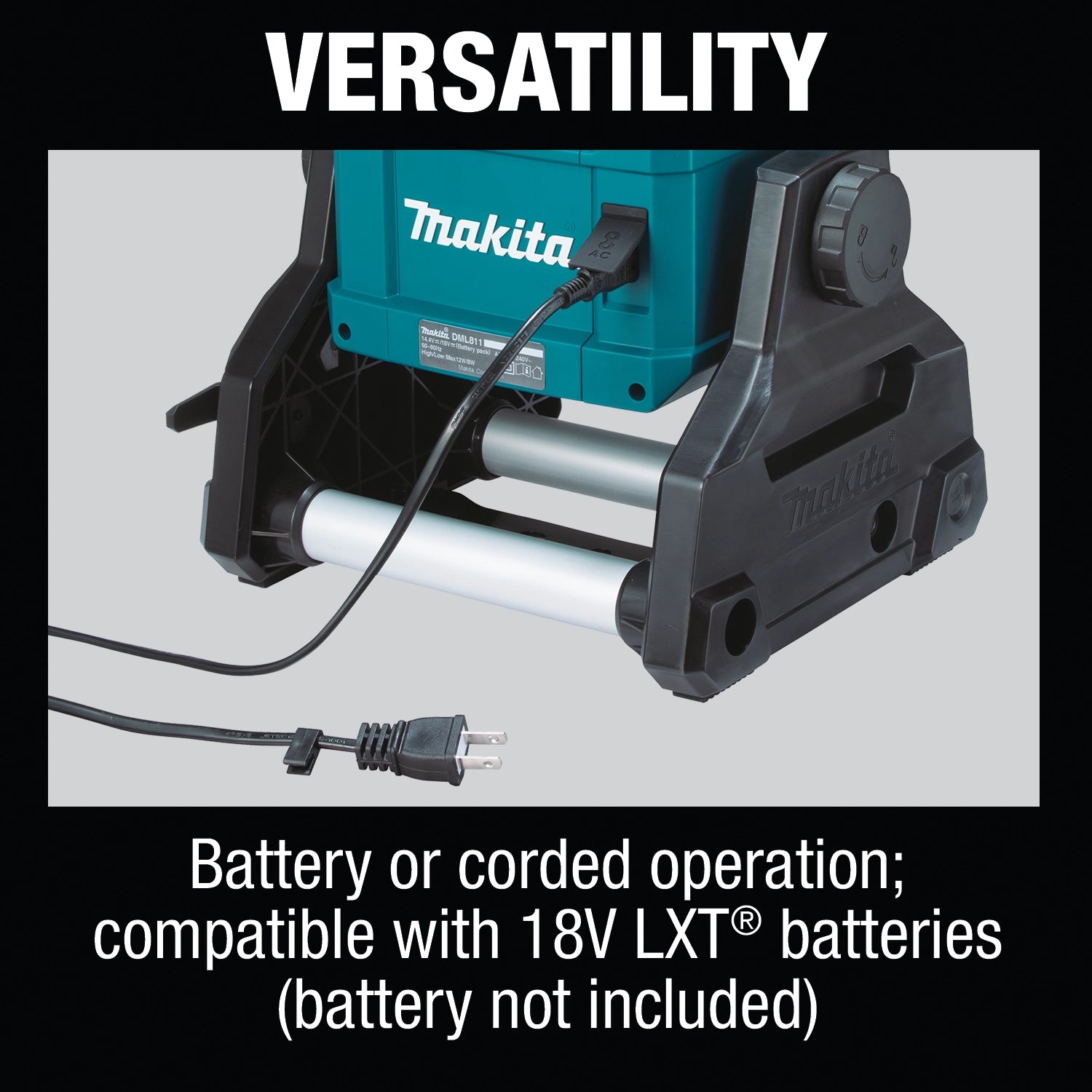 versatile design of makita dml811 led work light with corded and cordless power options
