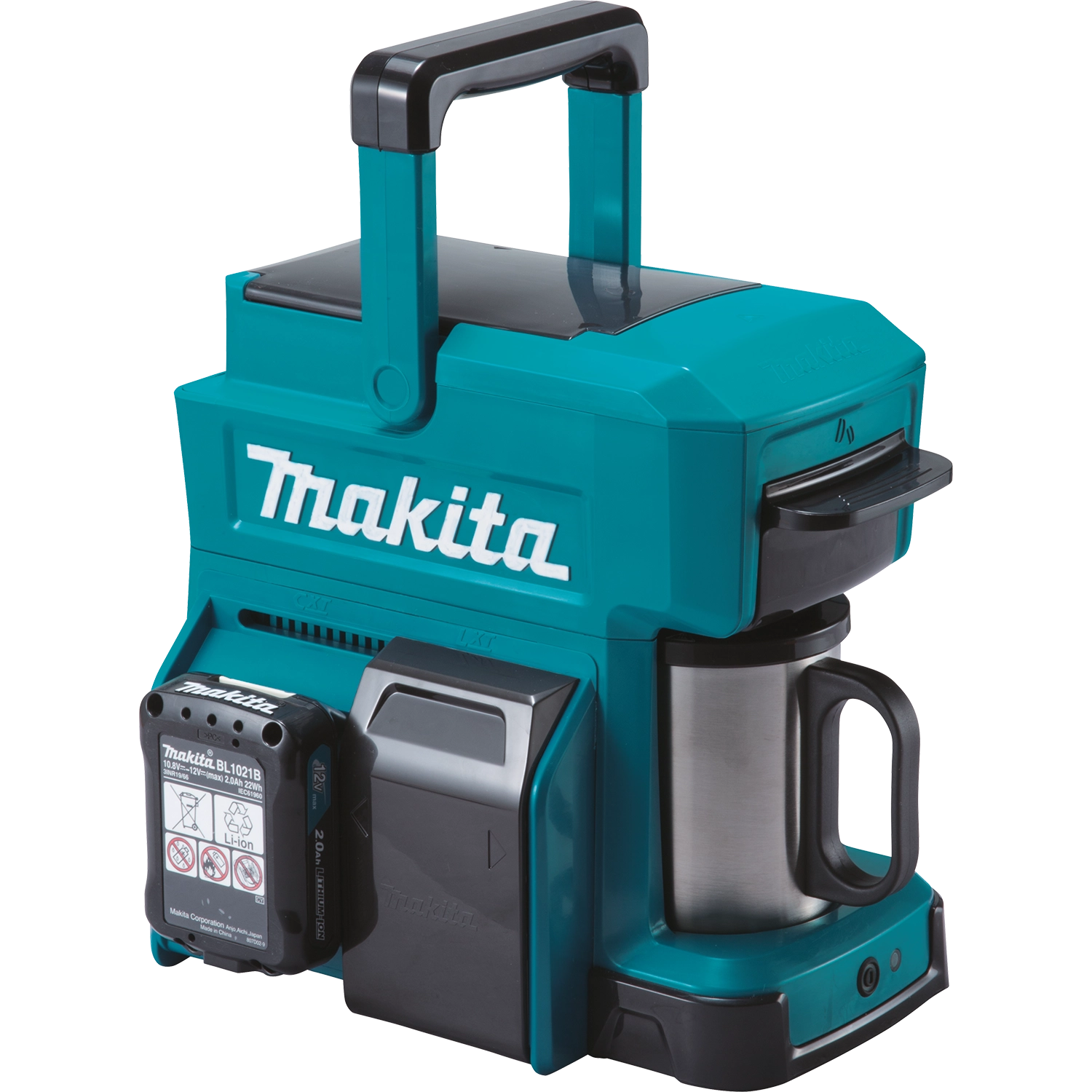 makita coffee maker with 2.0ah lxt battery installed ready to brew
