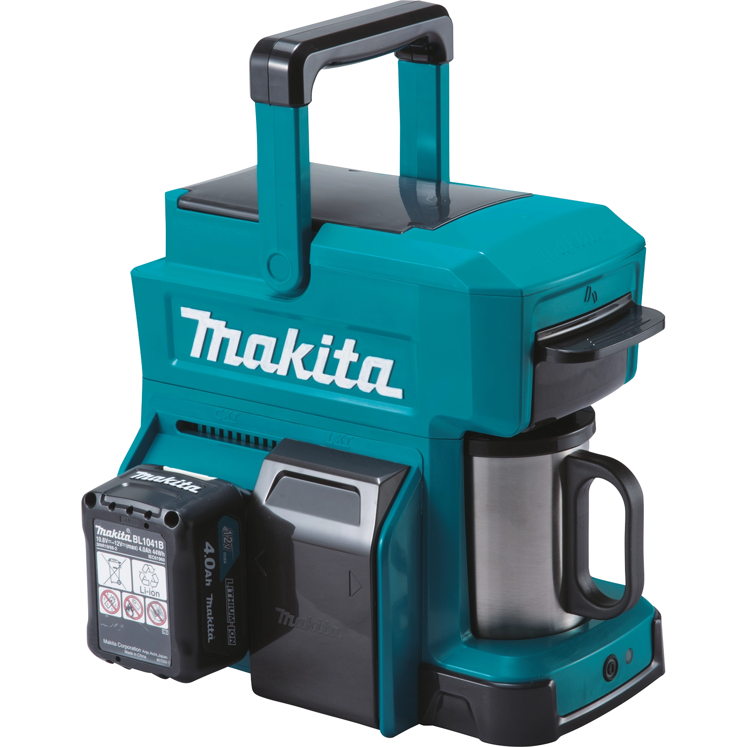 makita coffee maker with 4.0ah lxt battery installed showing runtime potential
