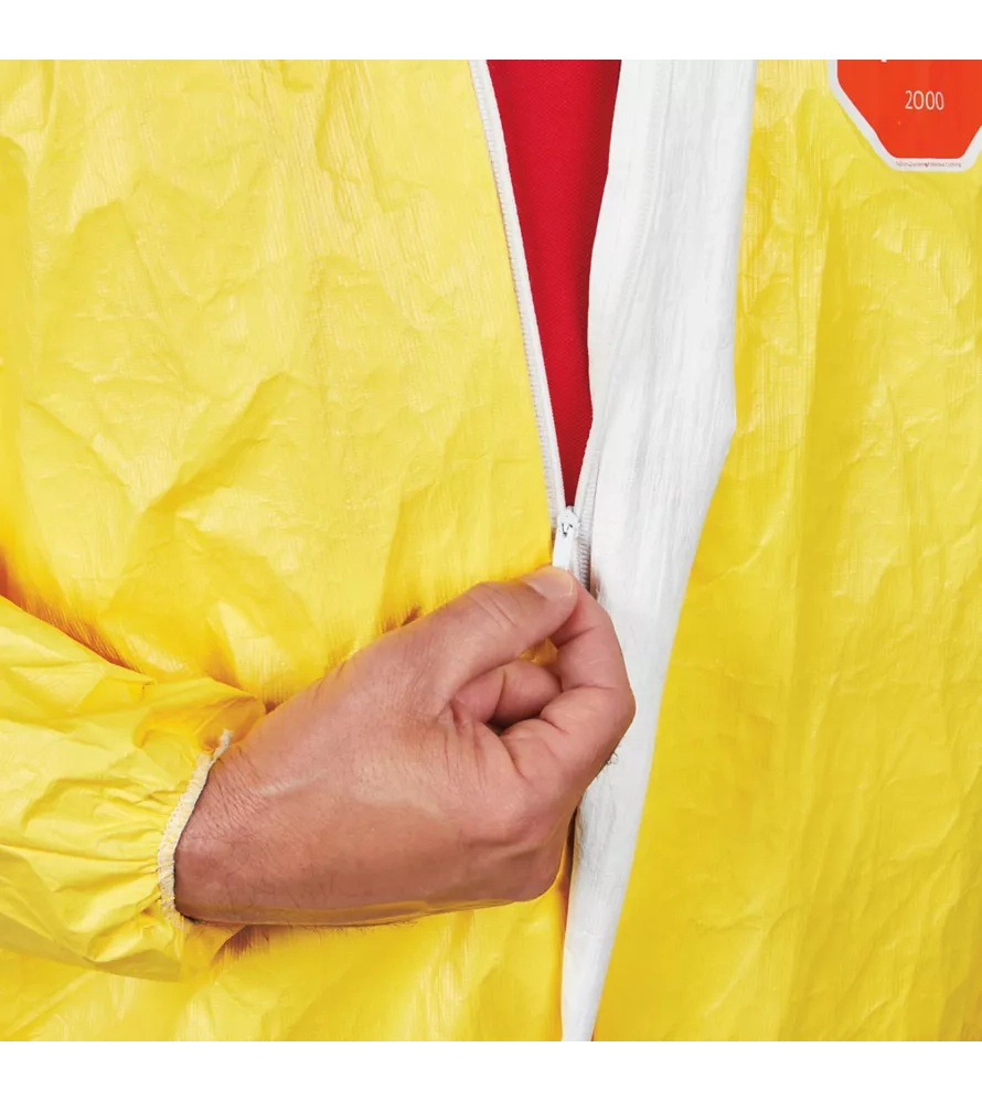 Zipper closure detail on flame-retardant coverall for easy entry and secure seal
