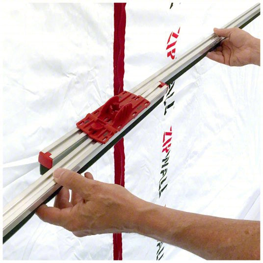 ZipWall FoamRail Slide Adapter in use with pole and FoamRail sealing ceiling edge
