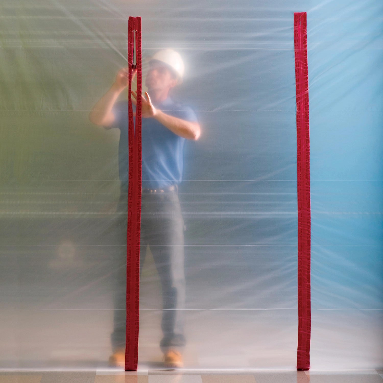 ZipWall zipper fully closed for sealed containment during restoration
